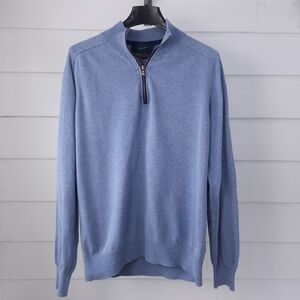 Faconnable Men's L Blue Quarter Zip Cotton Pullover Sweater Bird Logo